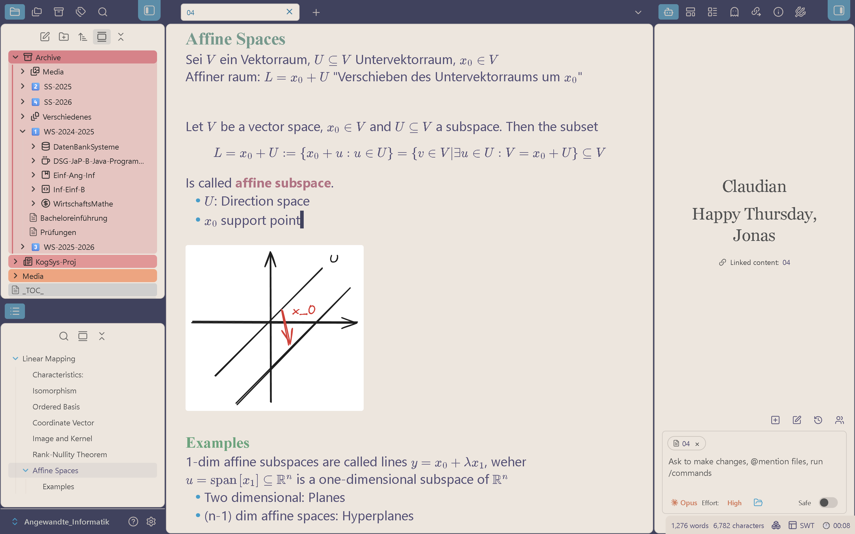 The Obsidian window: a file explorer of semester folders on the left, a lecture note with LaTeX and a hand-drawn sketch in the middle, and a chat pane on the right